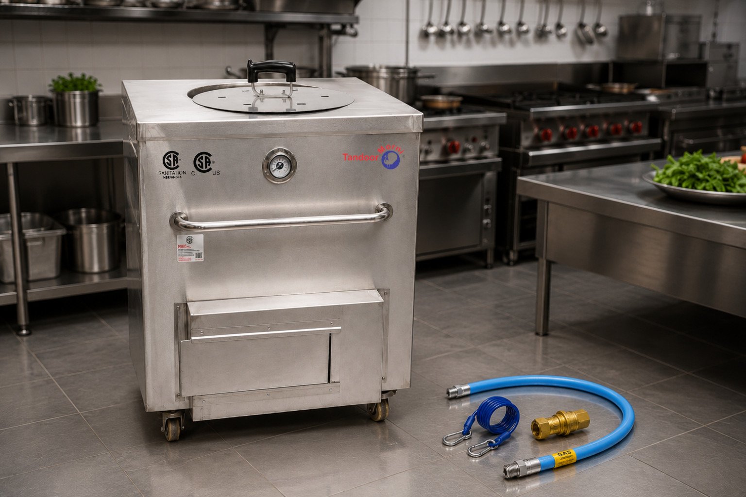 Approved gas hose for tandoors: a CSA-certified flexible gas connector kit laid out beside a commercial tandoor oven