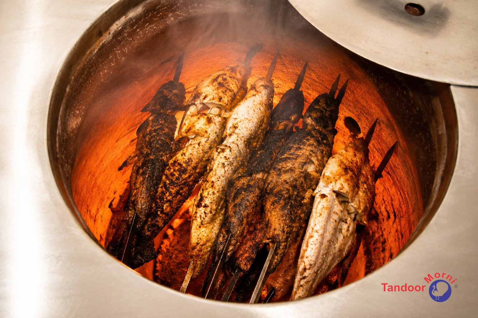 Common mistakes cooking fish in tandoor: overcrowded fish skewers cooking unevenly inside a glowing clay tandoor chamber
