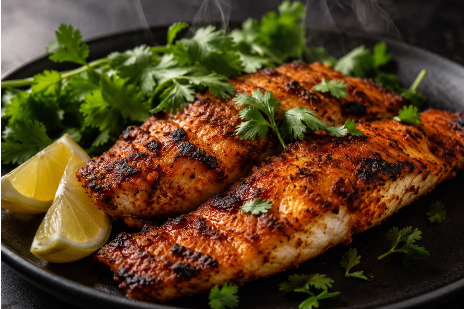 Tandoor fish cooking errors avoided: perfectly charred tandoori fish fillets resting on a plate after cooking