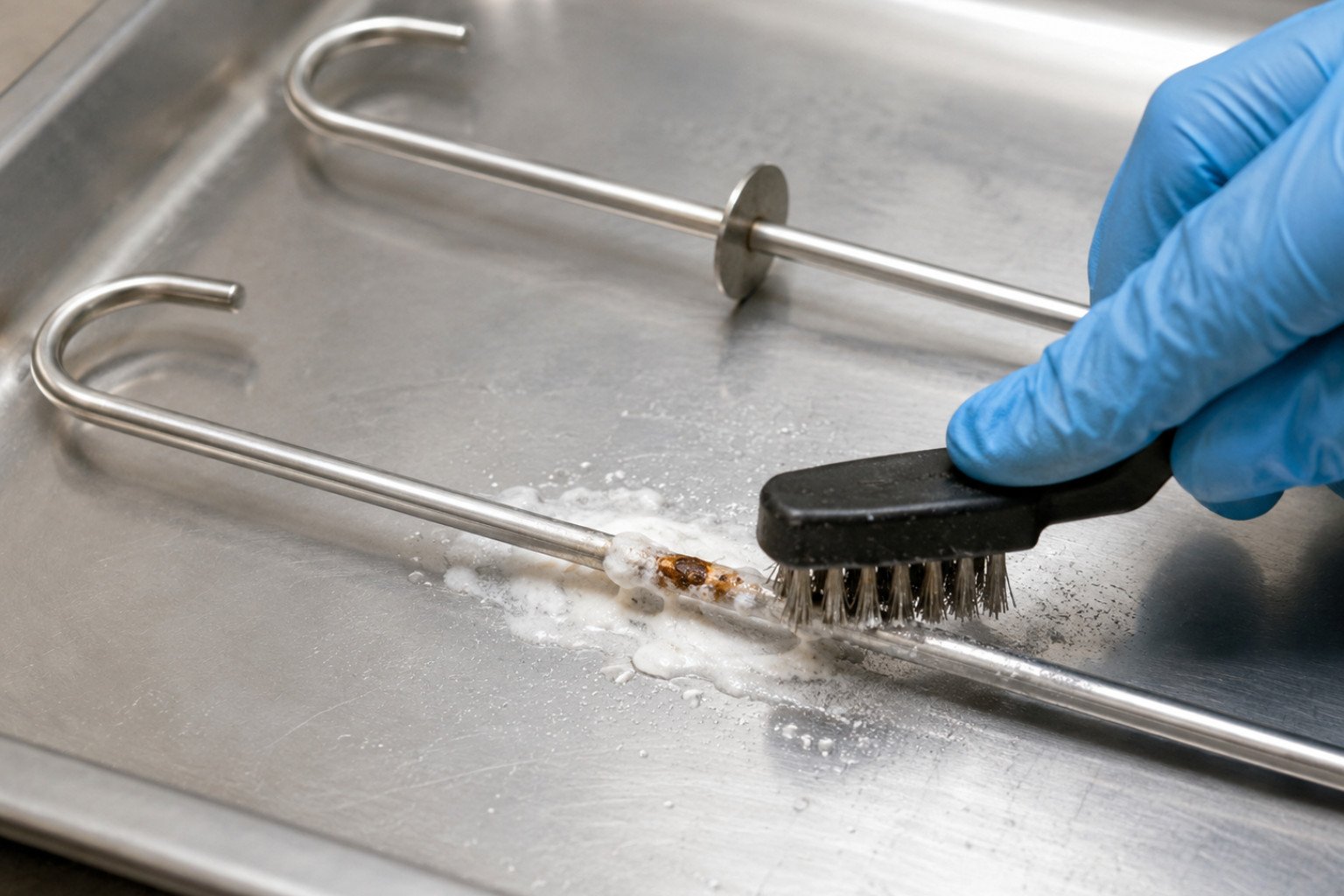 Tandoor skewer cleaning steps: rust being scrubbed off a stainless steel skewer with a wire brush and baking soda paste