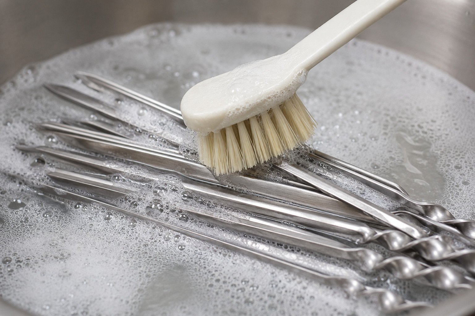 Guide to clean tandoor skewers: stainless steel skewers being scrubbed with a soft brush in soapy water