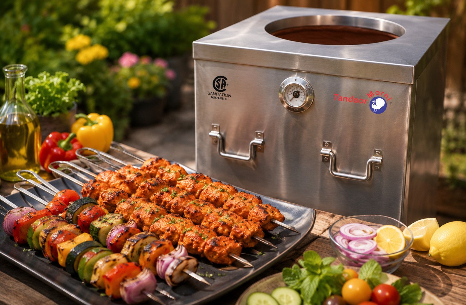 Health benefits of tandoori cuisine: lean marinated chicken tikka and grilled vegetables on skewers next to a clay tandoor oven