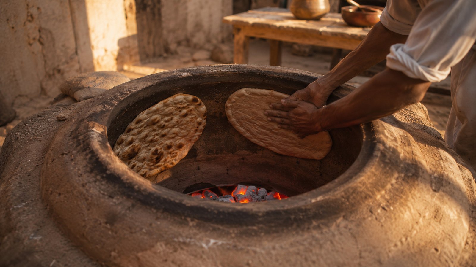 History of tandoor oven: hands pressing fresh naan dough onto the hot clay wall of a traditional earthen tandoor over glowing coals