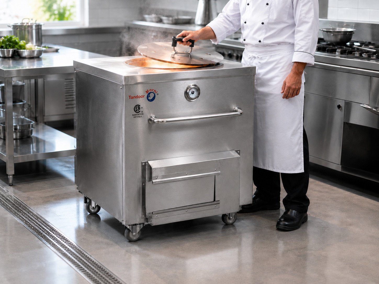 History of tandoor oven: chef opening the lid of a modern stainless steel commercial tandoor oven in a professional kitchen
