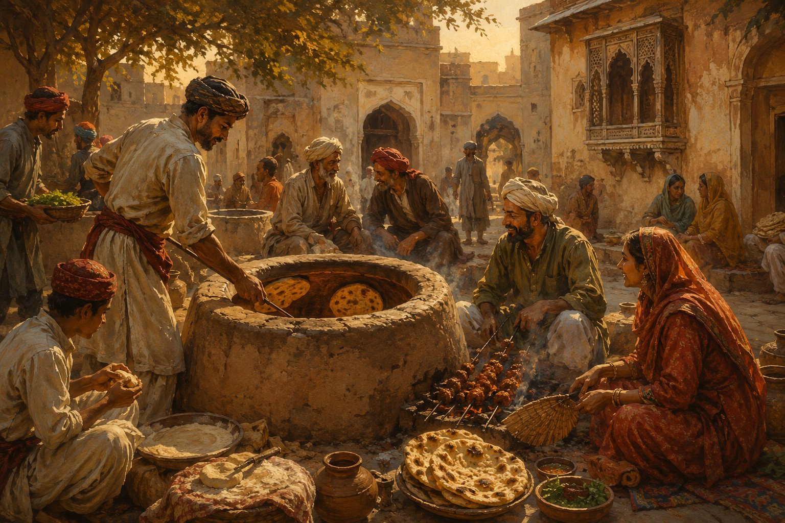 History of tandoor oven: illustration of a traditional village courtyard with a communal clay tandoor, fresh naan, and skewered kebabs