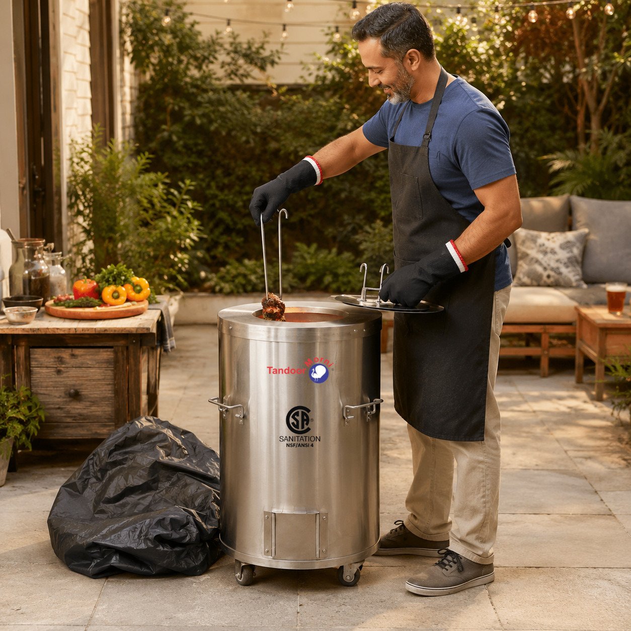 Portable tandoor for home: compact clay tandoor oven set up on a backyard patio for weekend cooking