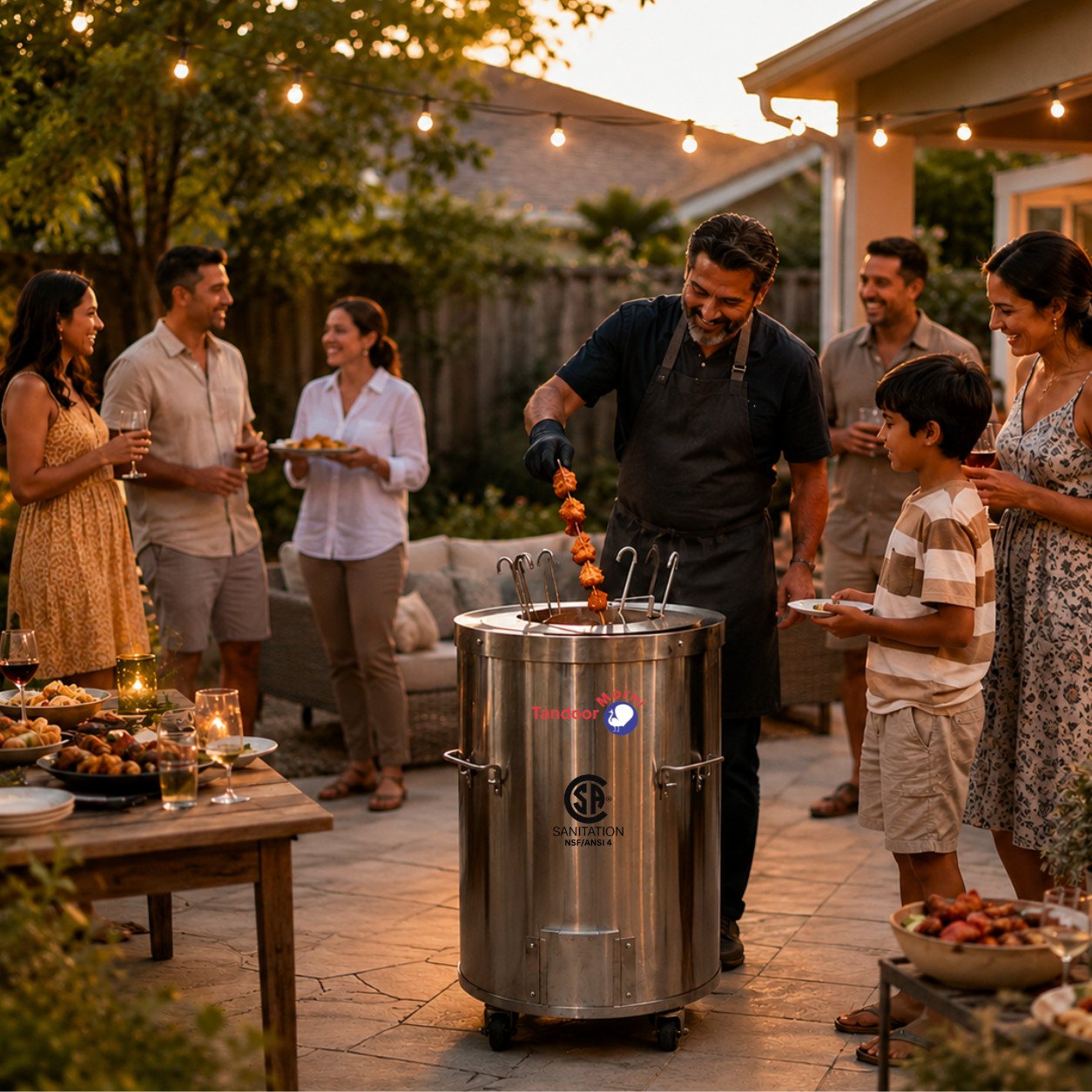 Family and friends gathered around a portable tandoor oven at an outdoor backyard BBQ gathering
