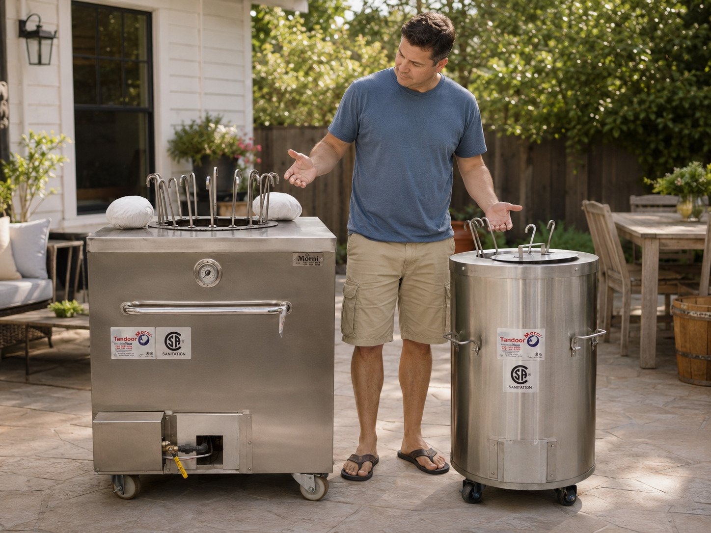 How to choose a tandoor: home cook comparing a clay tandoor oven and a propane tandoor oven side by side in a backyard