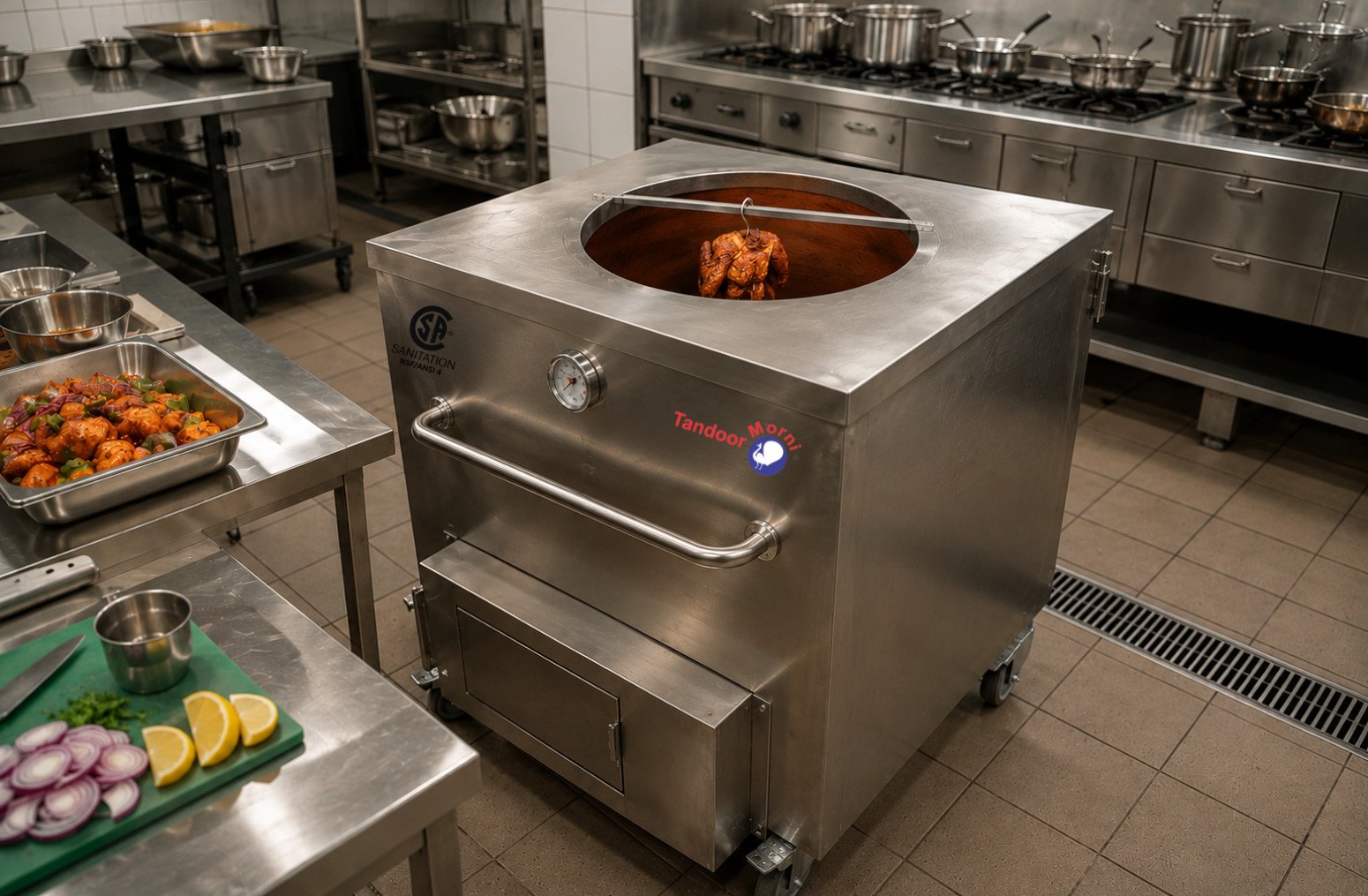 Tandoor meat hanging hook suspending a whole marinated chicken inside a glowing commercial tandoor chamber — part of why tandoori chicken is healthy when done properly