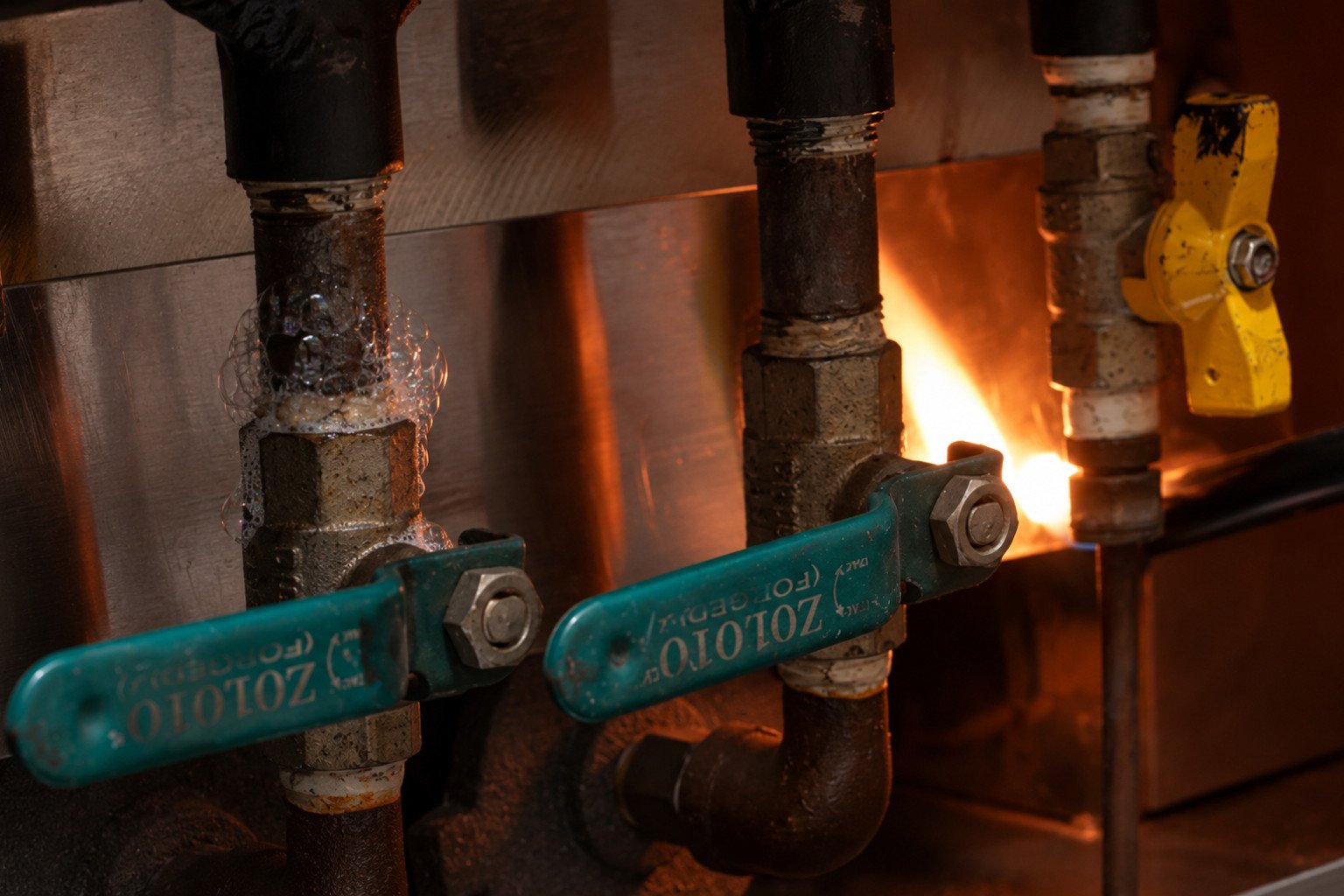 Leak test solution tandoor: soapy water bubbles forming at a gas connection point, indicating a gas leak