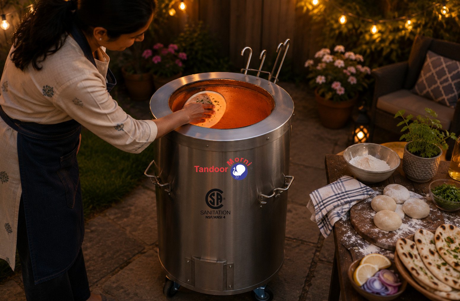 Master tandoori cooking at home: a home cook pressing dough onto the glowing interior wall of a mini clay tandoor oven in a backyard