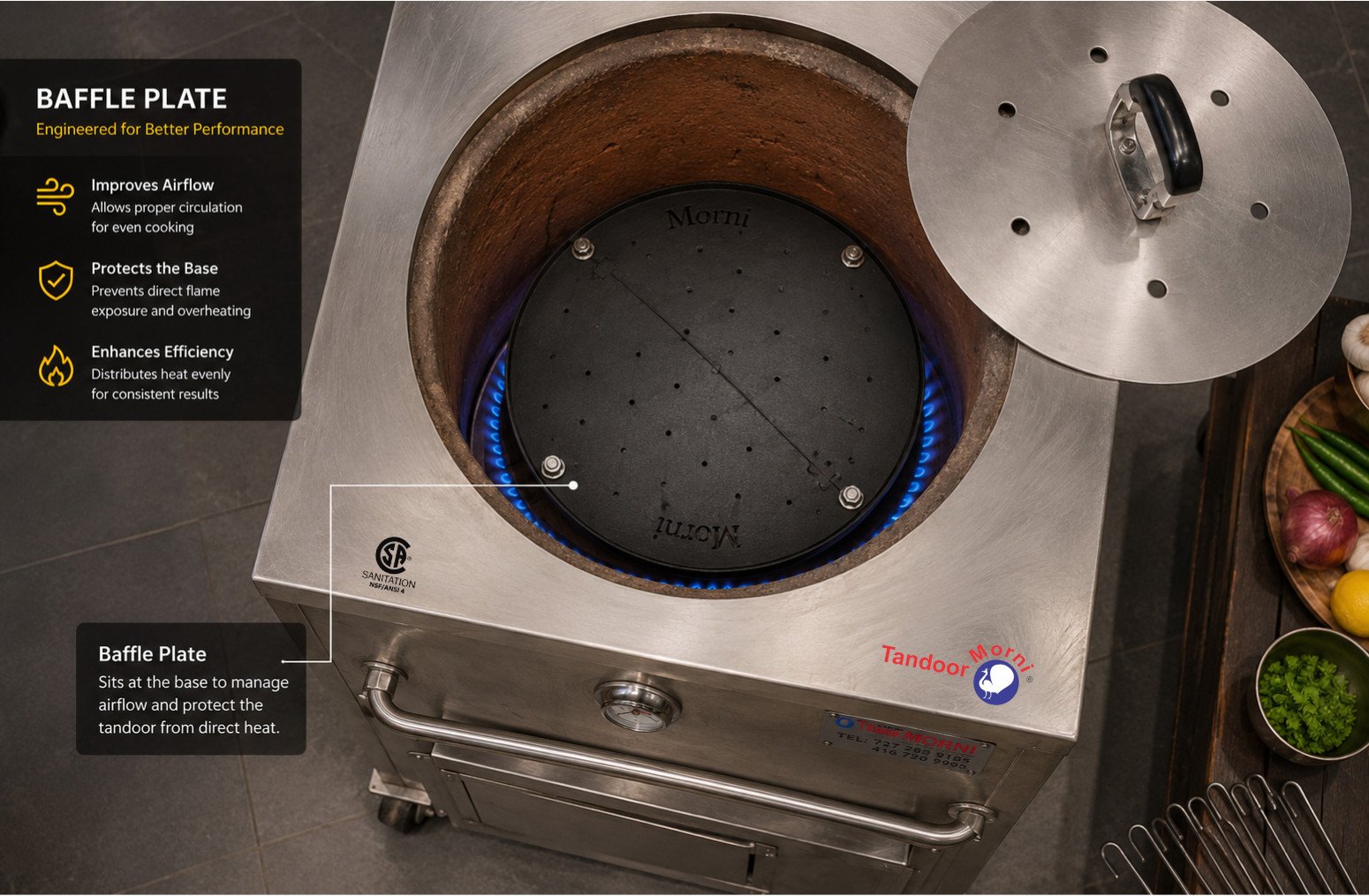 Traditional methods modern tandoor: a tandoor oven baffle plate positioned at the base of a commercial tandoor chamber to regulate airflow and heat distribution