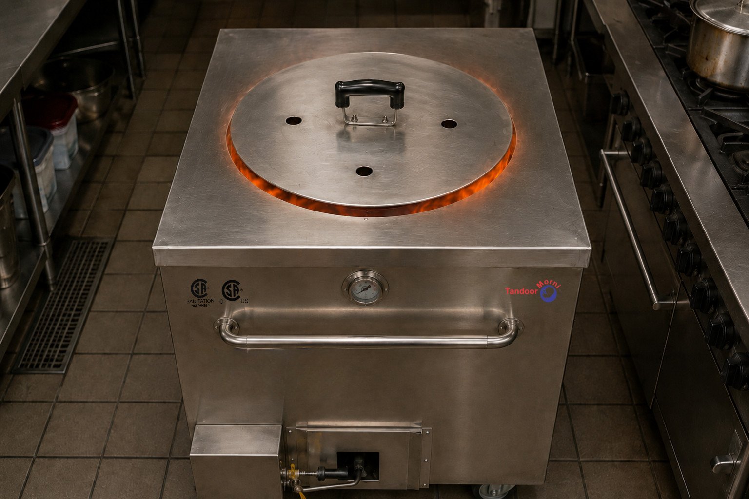 Operating tandoor at full heat: an intense orange flame filling a tandoor chamber with the lid fully closed