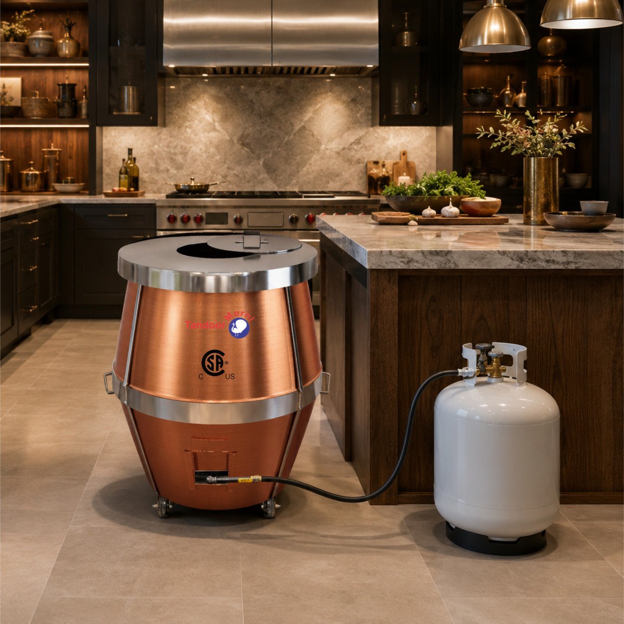 Copper tandoor luxury trend: a polished copper tandoor oven as the centerpiece of a modern upscale Indian kitchen