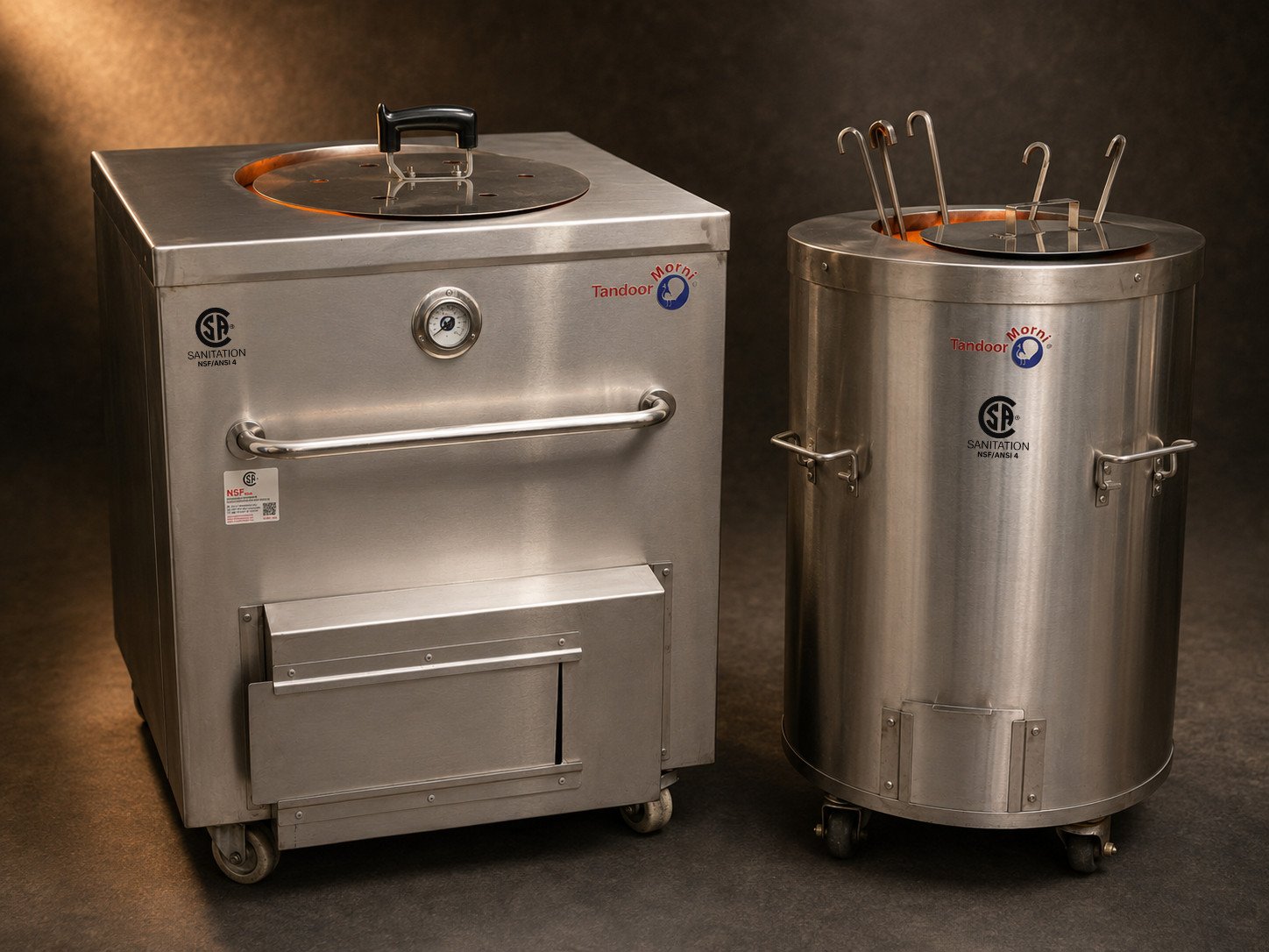 Restaurant and home tandoor ovens side by side: a commercial clay tandoor in a professional kitchen and a mini clay tandoor on a home patio