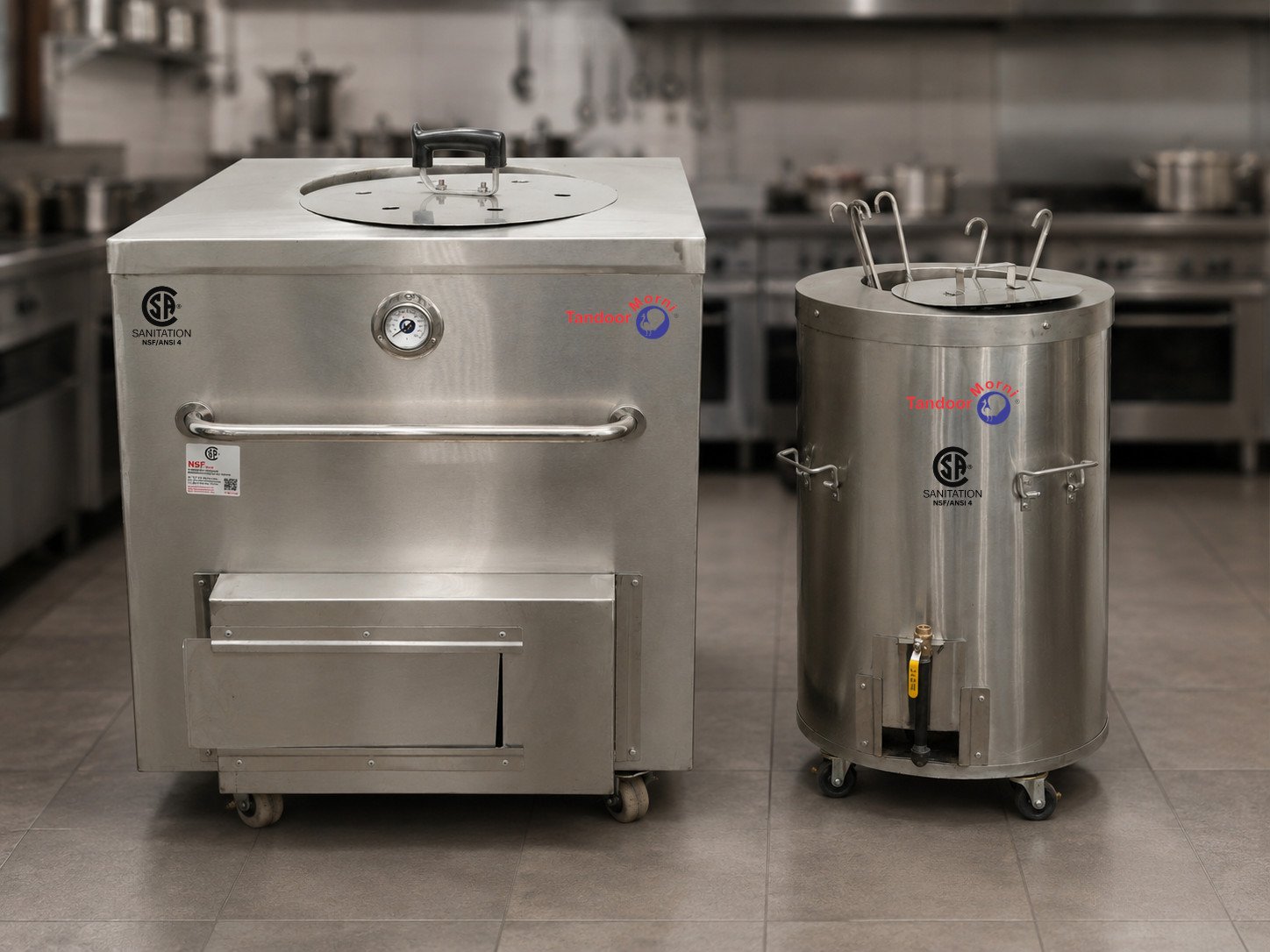 Square vs round clay tandoor: a square commercial tandoor oven and a round catering tandoor oven shown side by side