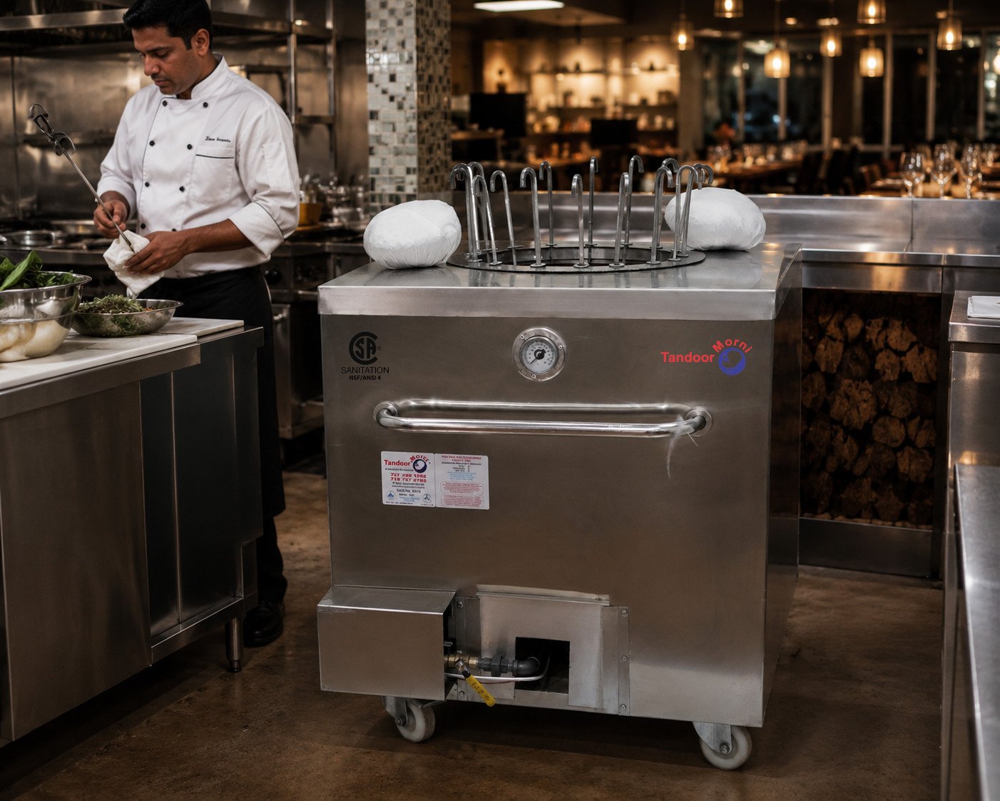 Stainless steel tandoor for chefs: a modern stainless steel tandoor oven in a professional open kitchen with a chef working nearby