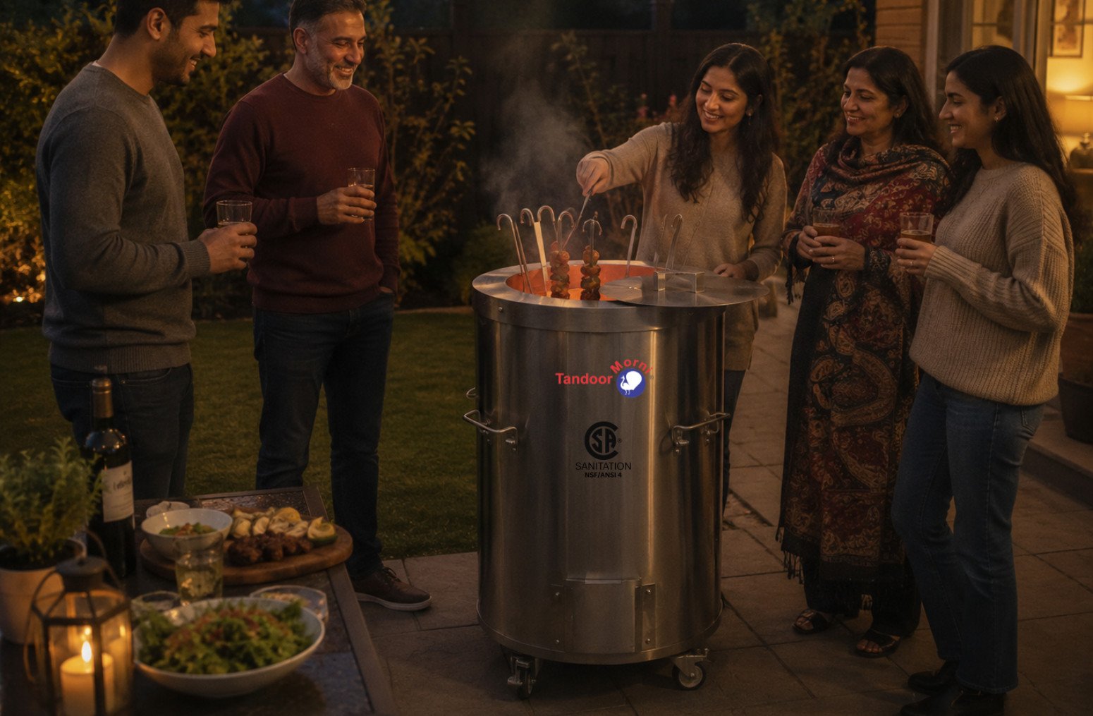 Home tandoori cooking skills: chicken tikka and vegetable skewers threaded on tandoor skewers for kebabs cooking inside a glowing clay oven