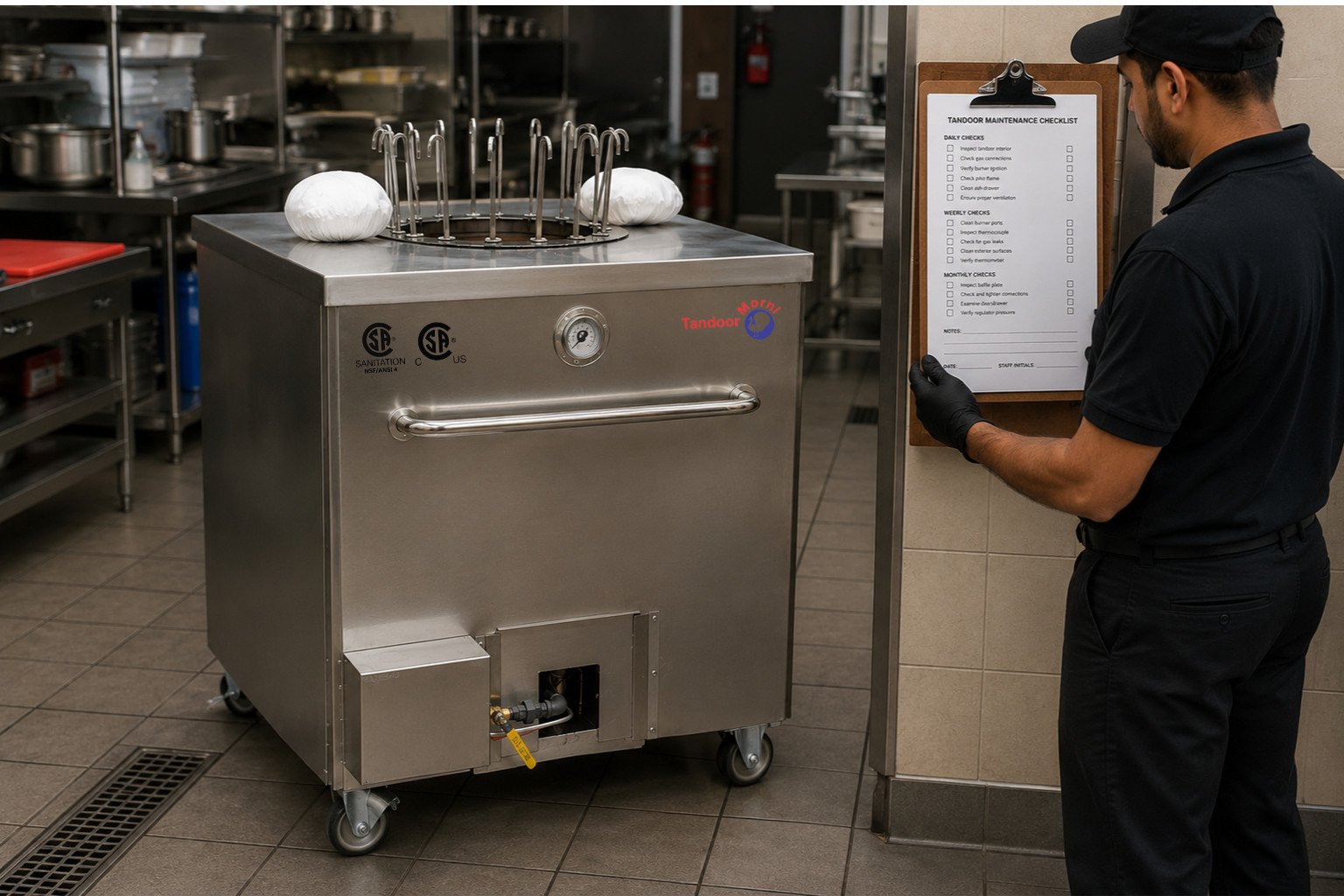 Daily tandoor check routine: a kitchen staff member reviewing a written restaurant tandoor checklist clipped near the oven