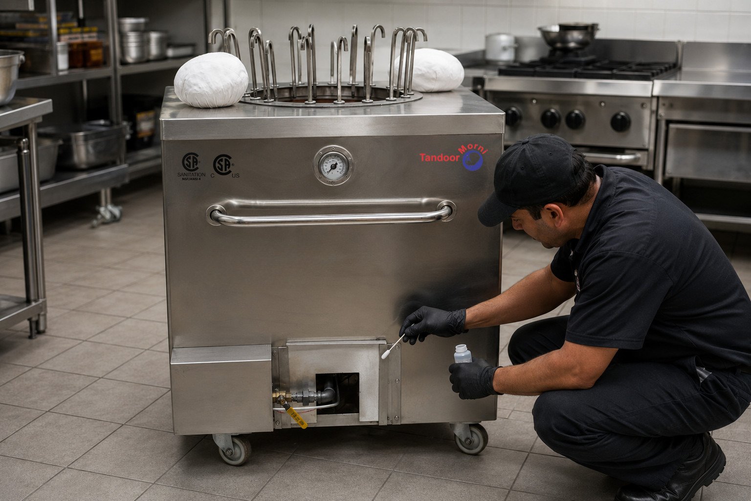 Tandoor daily inspection guidelines: a technician using a soapy water spray bottle to check a gas connection for leaks