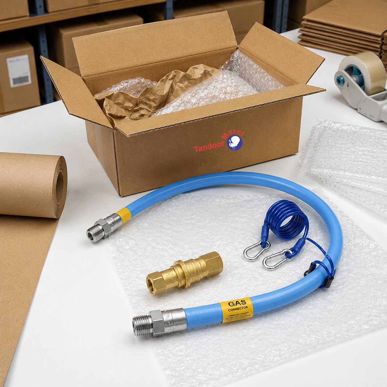 A commercial gas connector kit being used to connect a flexible gas hose to a tandoor oven's gas line