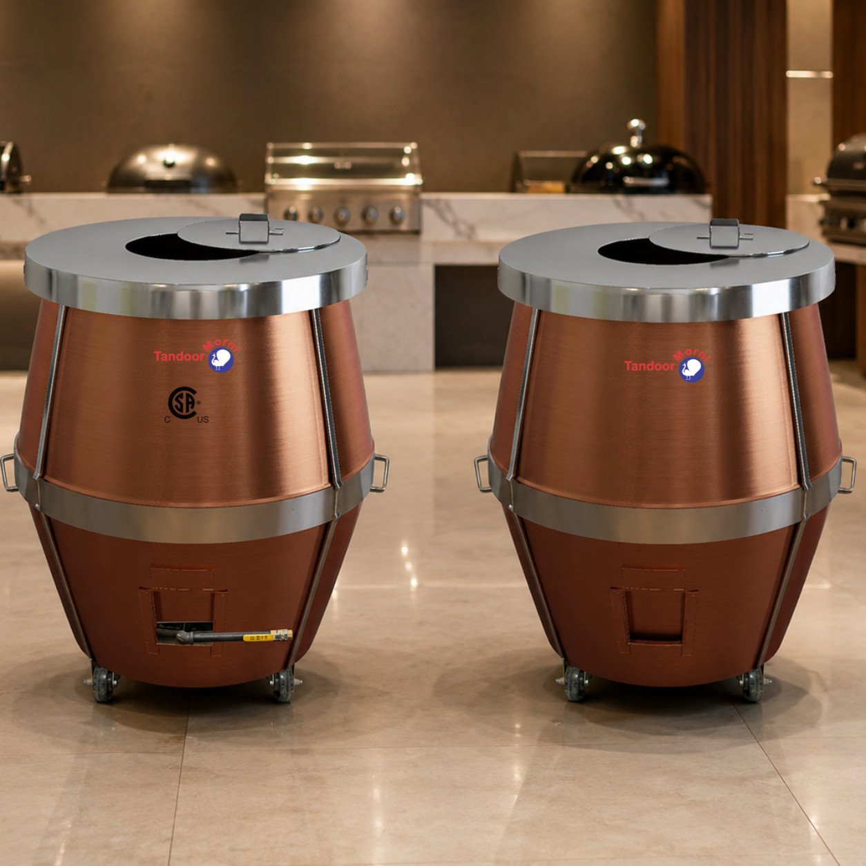 Customer viewing a Propane Gas Tandoor Oven A02 in a Tandoor Morni showroom before purchase