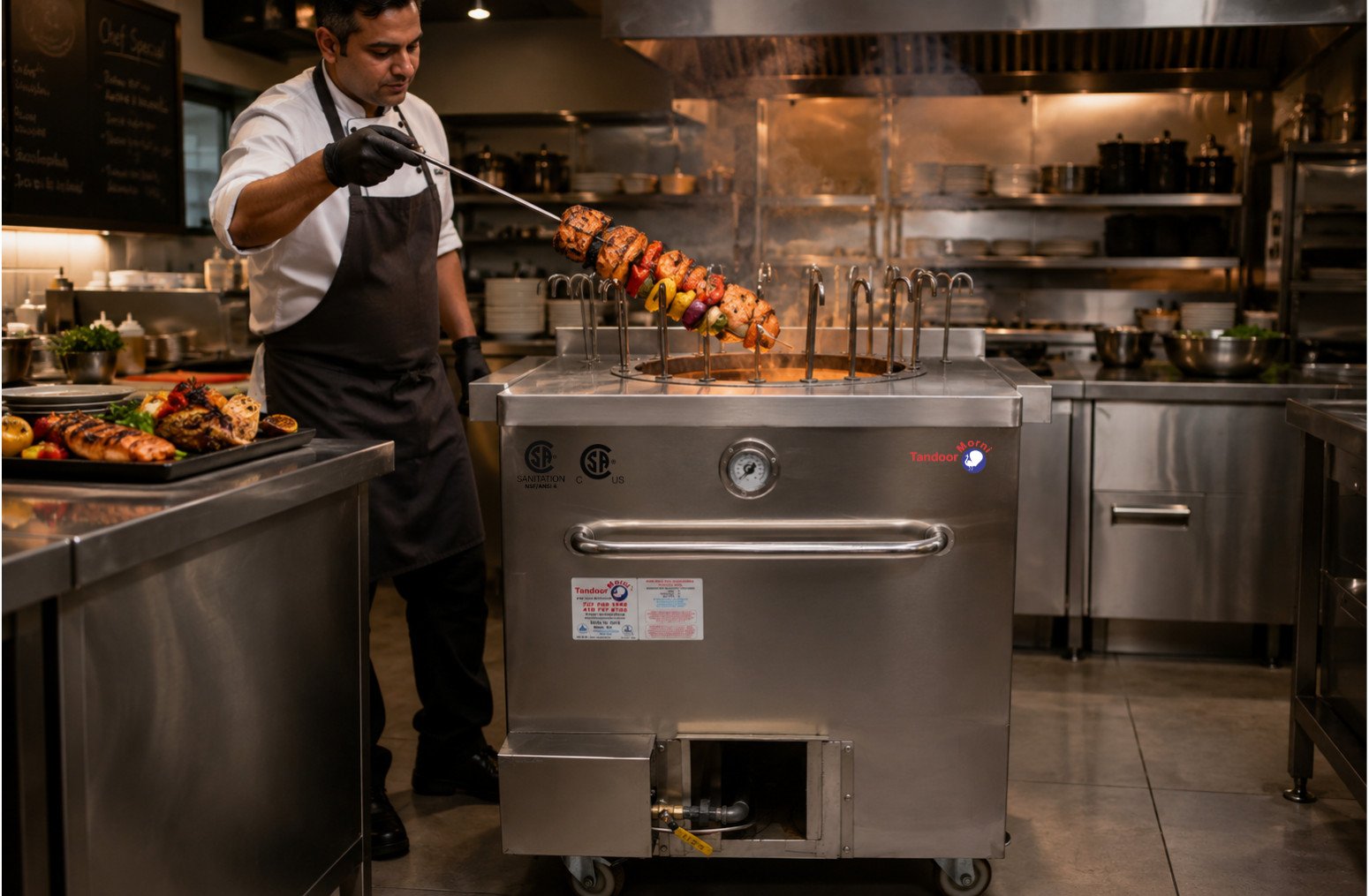 Tandoor ovens in modern cuisine: a chef pulling a fusion dish of tandoor-charred vegetables and non-traditional protein from a commercial tandoor oven
