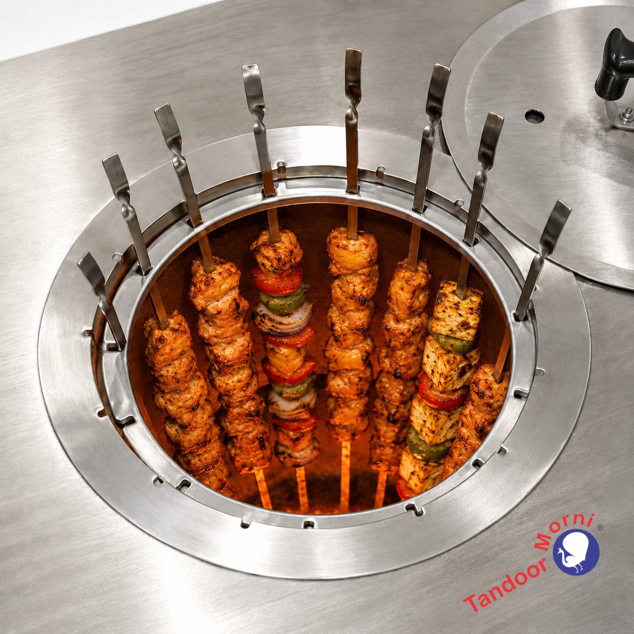A tandoor skewers ring holding multiple meat skewers upright and evenly spaced inside a charcoal tandoor oven chamber