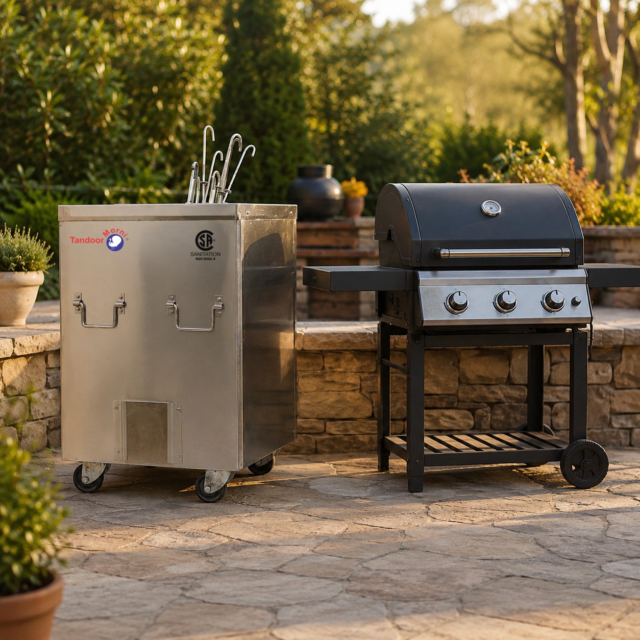 Tandoor vs conventional grill: a charcoal tandoor oven and a traditional BBQ grill set up side by side outdoors