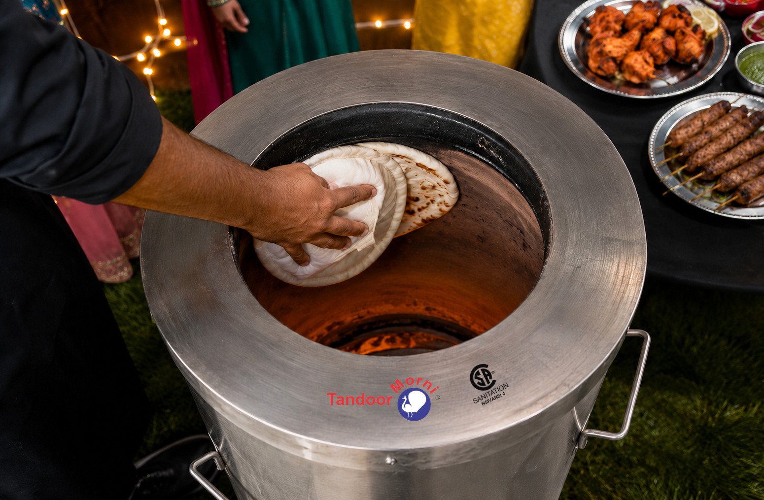 Tandoor oven naan gaddi in use: a hand pressing rolled dough onto the hot interior wall of a tandoor during a festival gathering