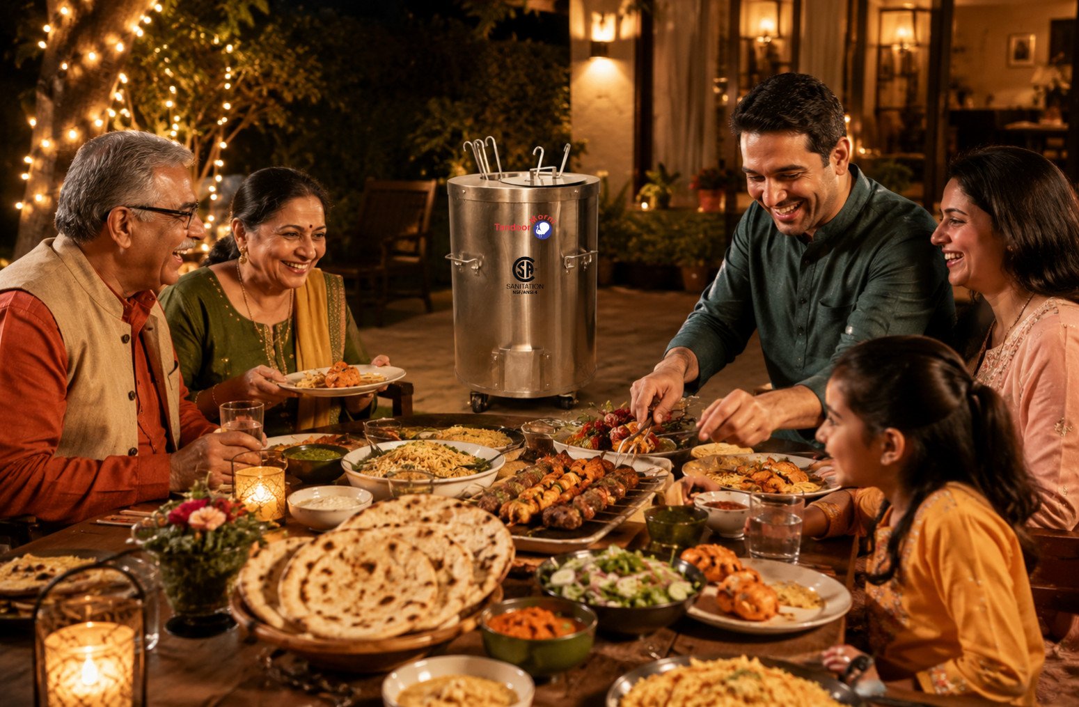 Tandoori feasts for festivals: a spread of chicken tikka, seekh kebabs, and fresh naan on a table surrounded by family celebrating a holiday