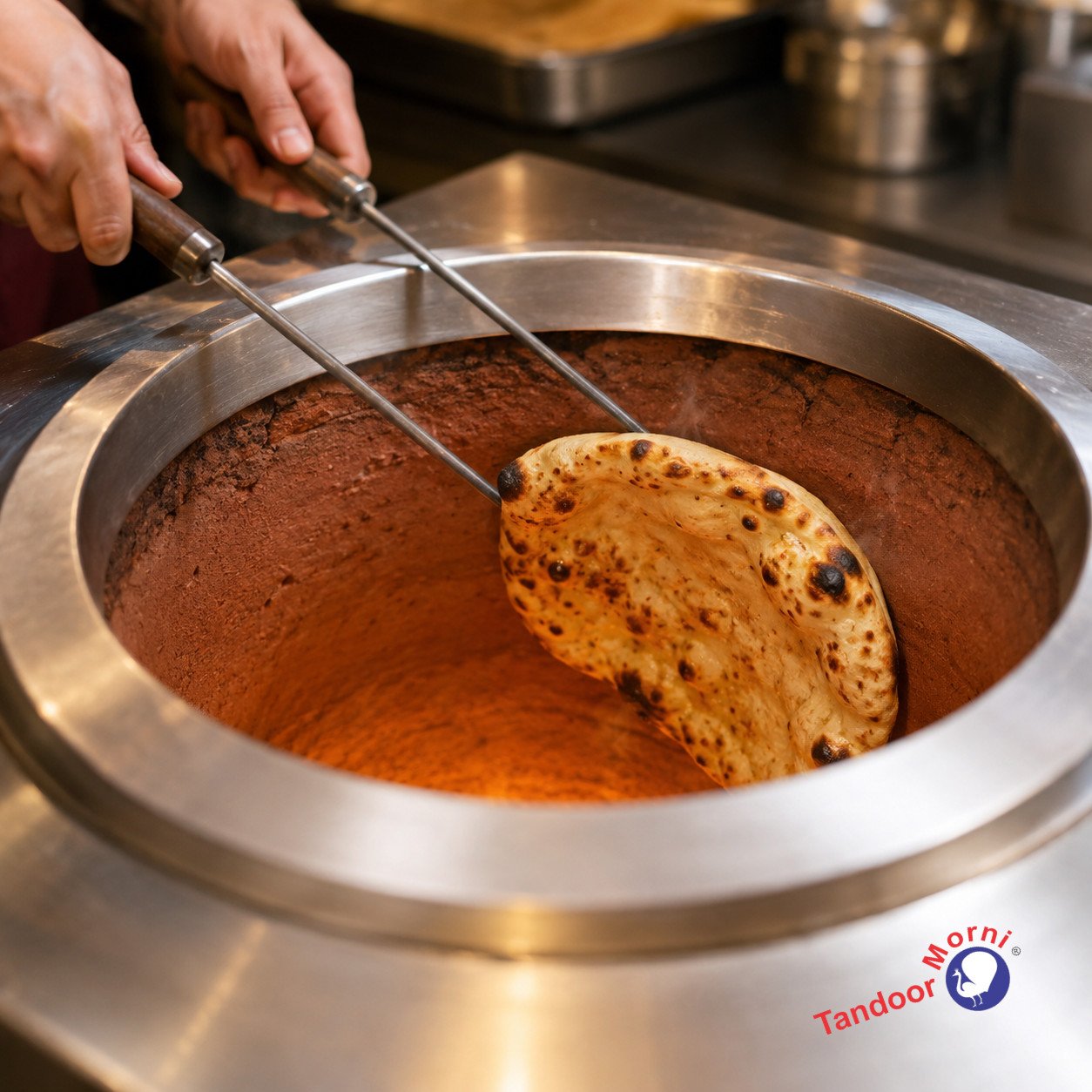 A tandoori naan rod pair being used to retrieve fresh naan bread from the hot interior wall of a tandoor oven