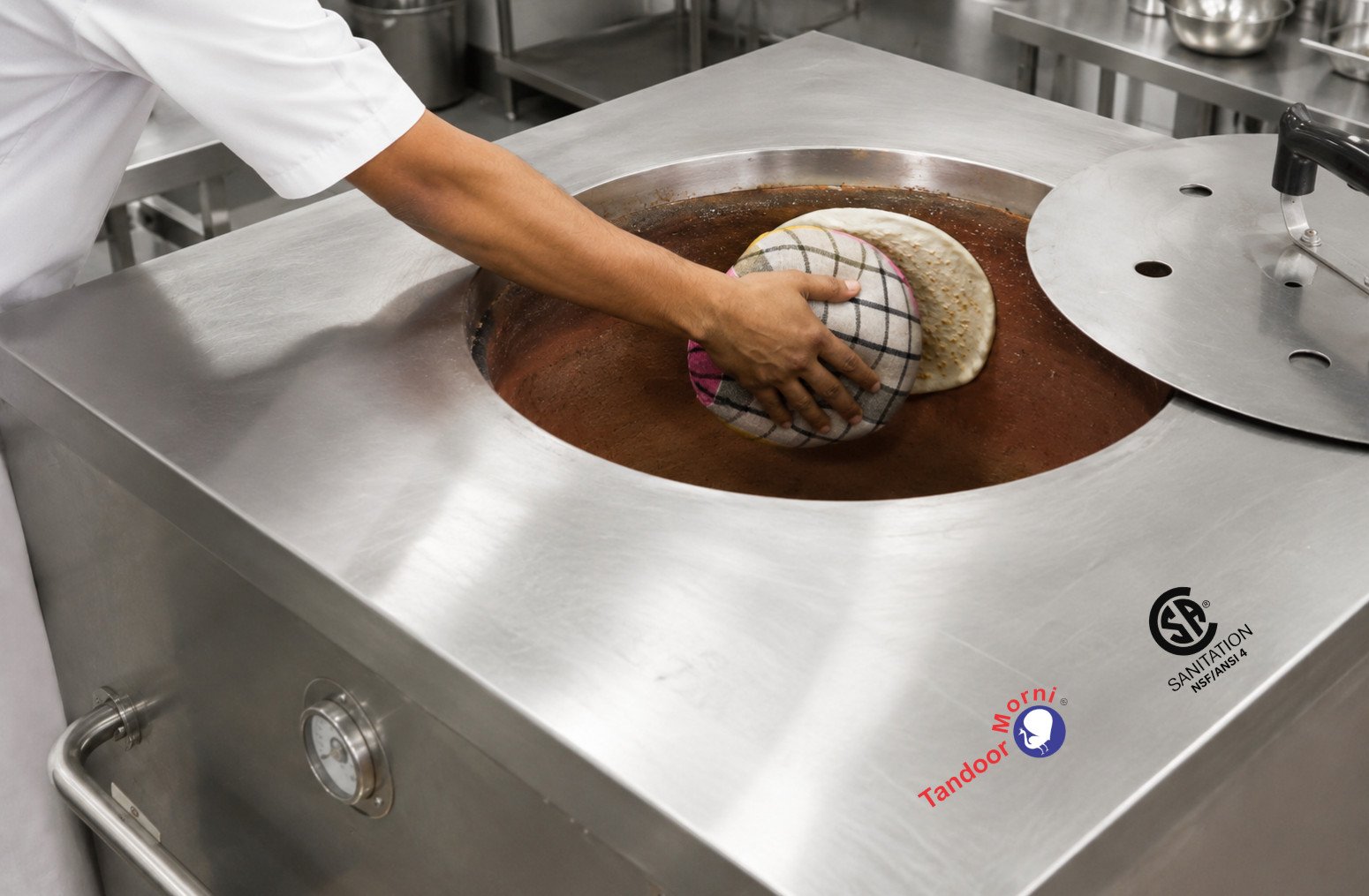 Why is naan bread cooked in a tandoor oven: fresh naan dough being pressed onto the inner clay wall of a glowing tandoor oven