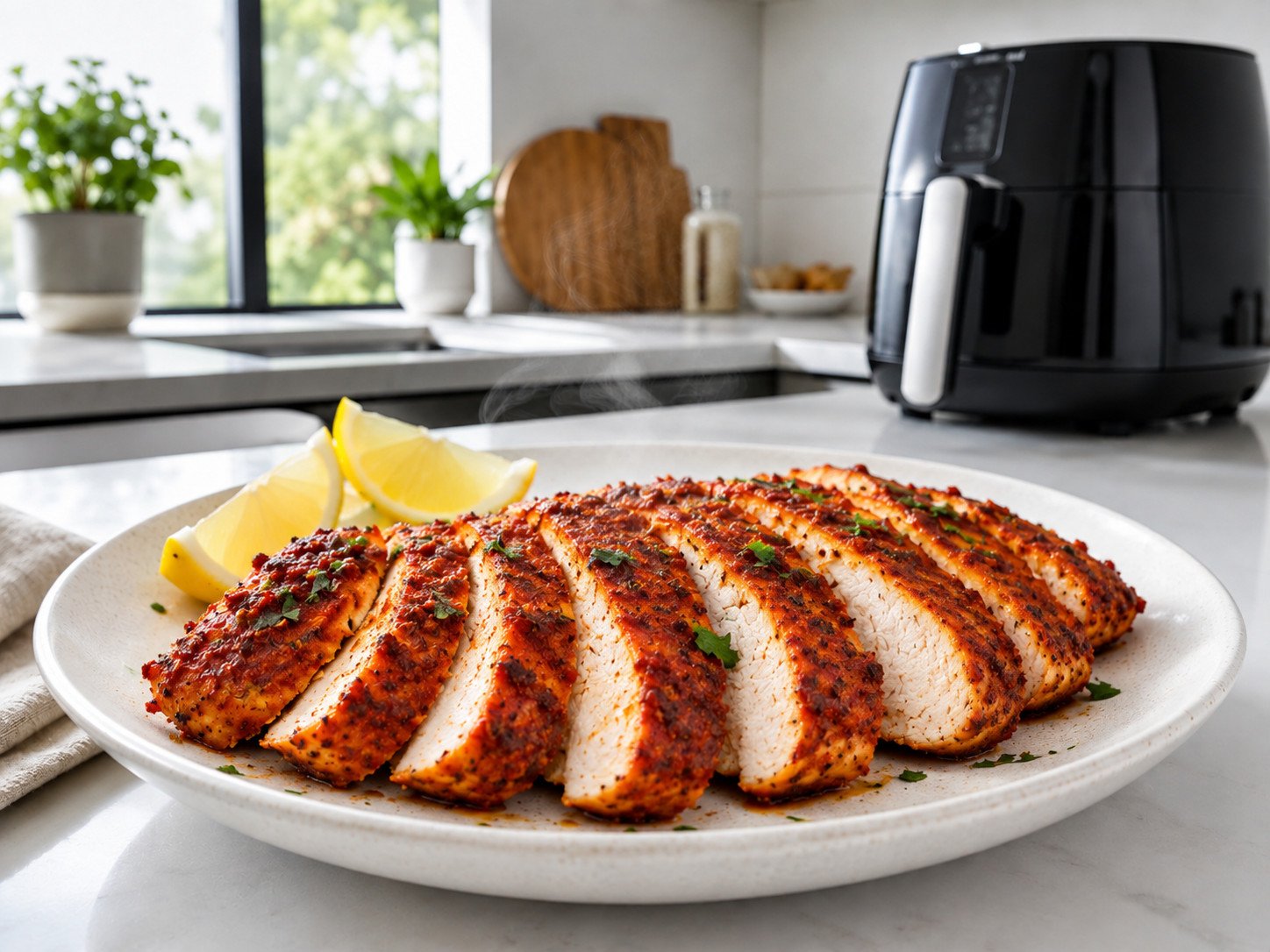 Air fryer chicken breast sliced, crisp golden exterior, spiced with tandoori seasoning