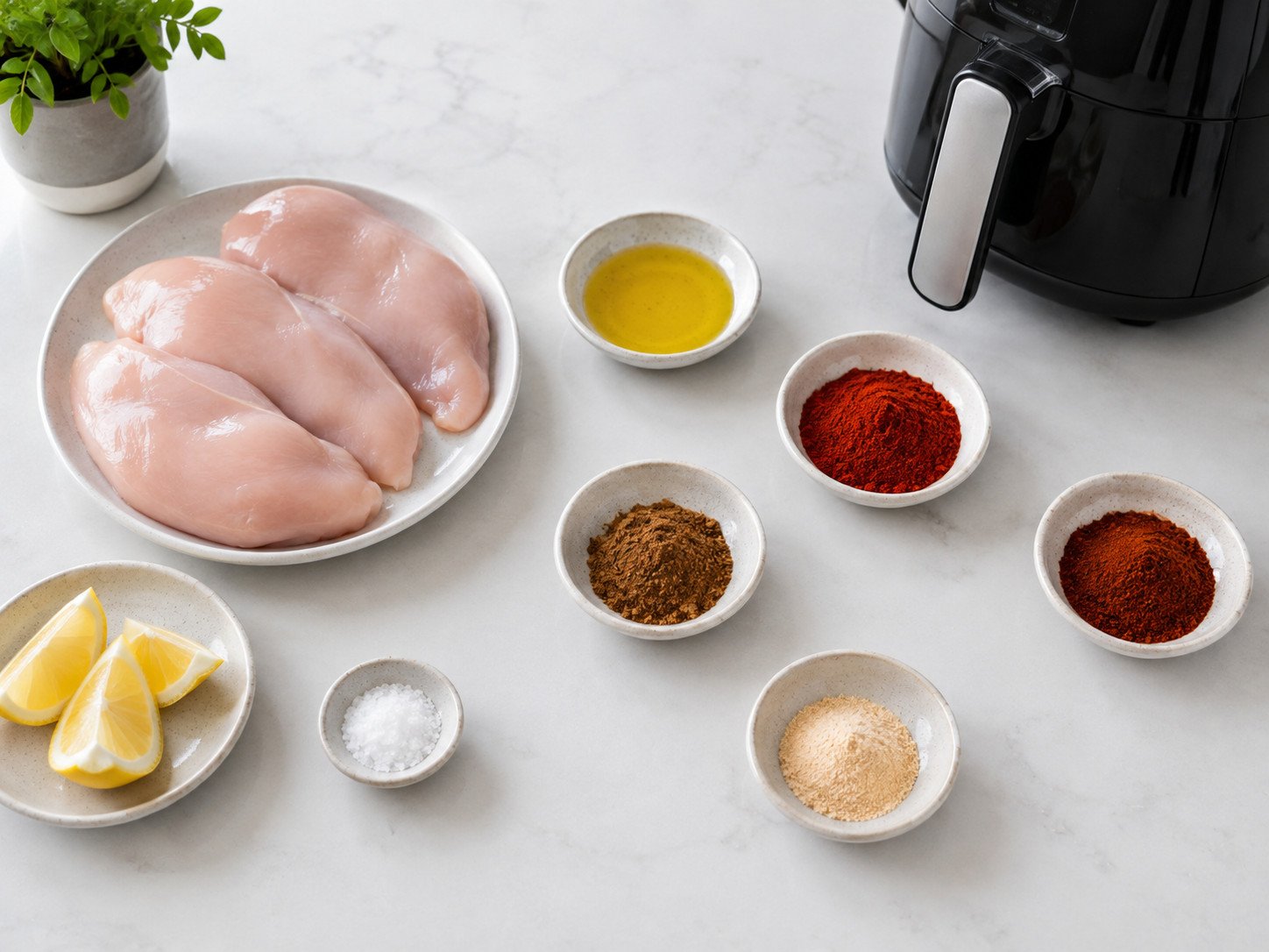 Air fryer boneless chicken breast recipe ingredients flat lay: chicken breasts, Kashmiri chilli powder, and smoked paprika