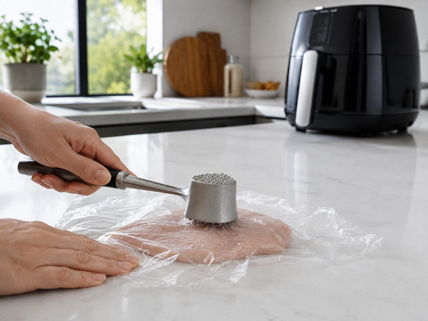 Air fryer chicken breast recipe Step 1: a chicken breast being pounded to an even thickness