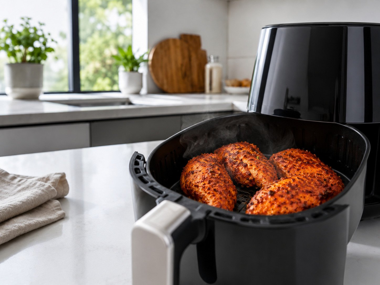 Step 5: chicken breasts cooking inside an air fryer basket