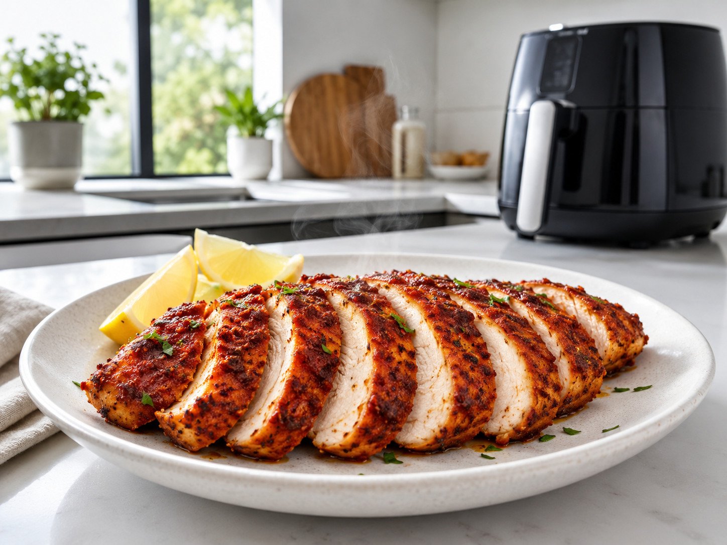 Air fryer chicken breast recipe Step 6: finished chicken breast sliced and plated with lemon