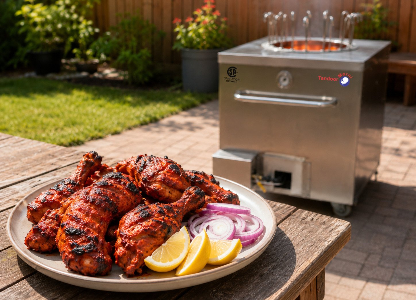 Best tandoori chicken recipe pieces deeply charred and red, plated with lemon and onion rings