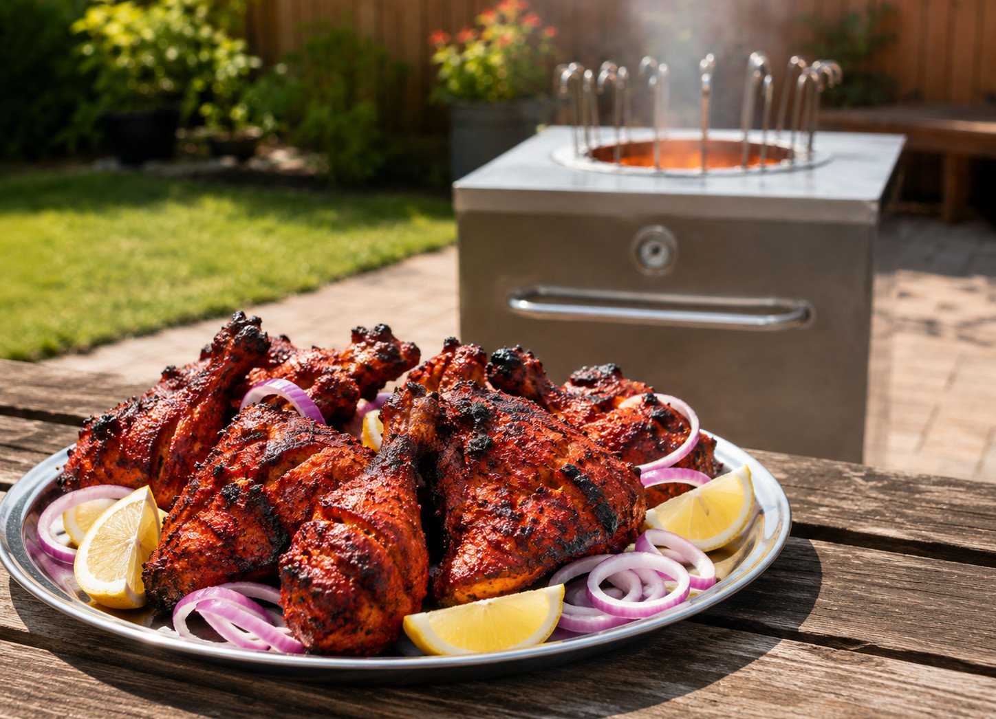 Best tandoori chicken recipe Step 7: finished tandoori chicken plated with lemon and onion