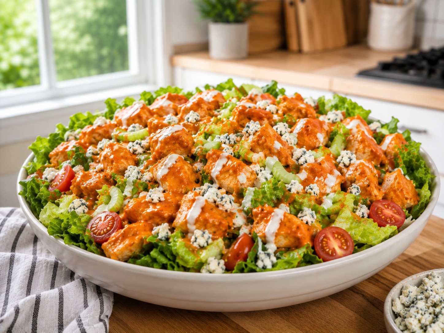Buffalo chicken salad with glossy hot-sauce-tossed chicken over crisp greens and blue cheese