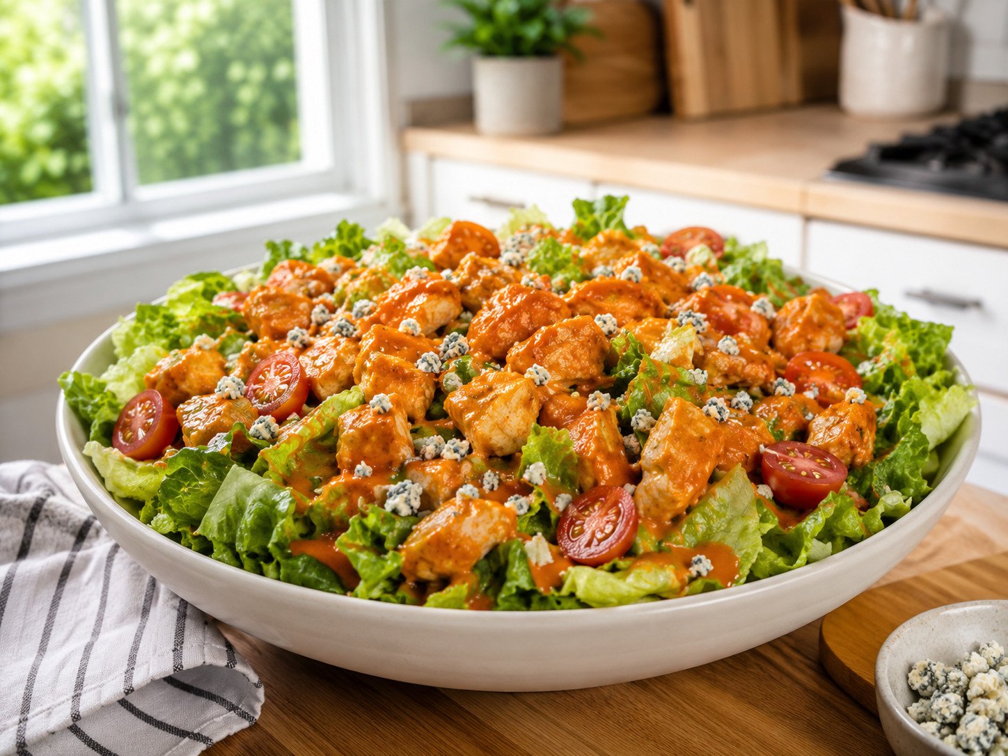 Buffalo chicken salad recipe Step 6: finished salad topped with buffalo chicken and dressing