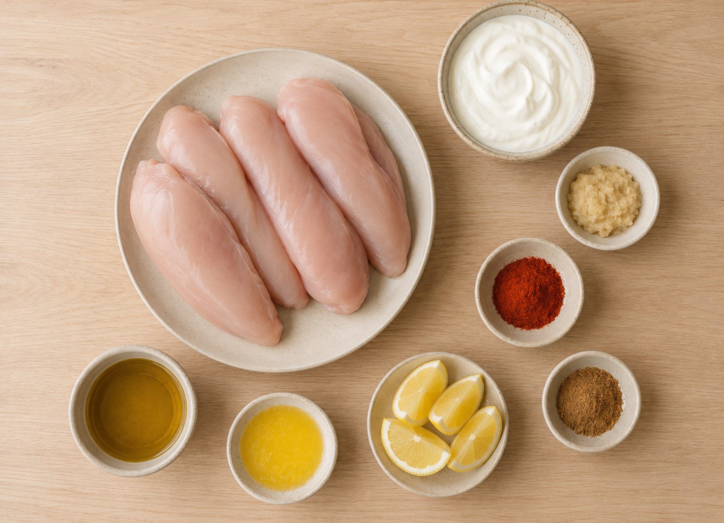 Tandoori chicken breast recipe ingredients flat lay: chicken breasts, yogurt, and Kashmiri chilli powder