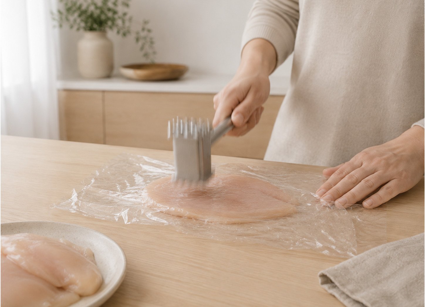 Tandoori chicken breast recipe Step 1: a chicken breast being pounded to an even thickness