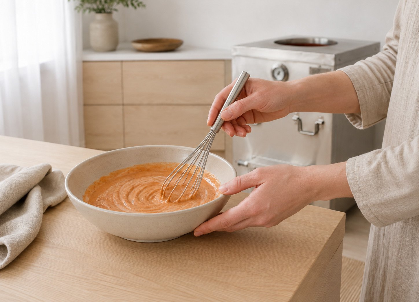 Step 2: a hand whisking a reddish-orange marinade in a bowl