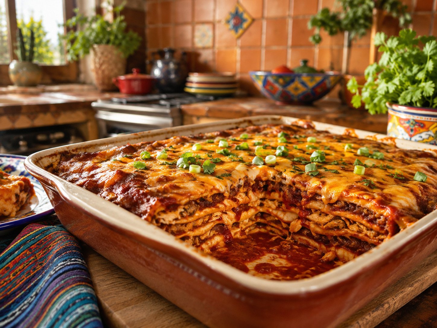 Chicken enchilada casserole with layered tortillas, red sauce, and melted cheese, sliced