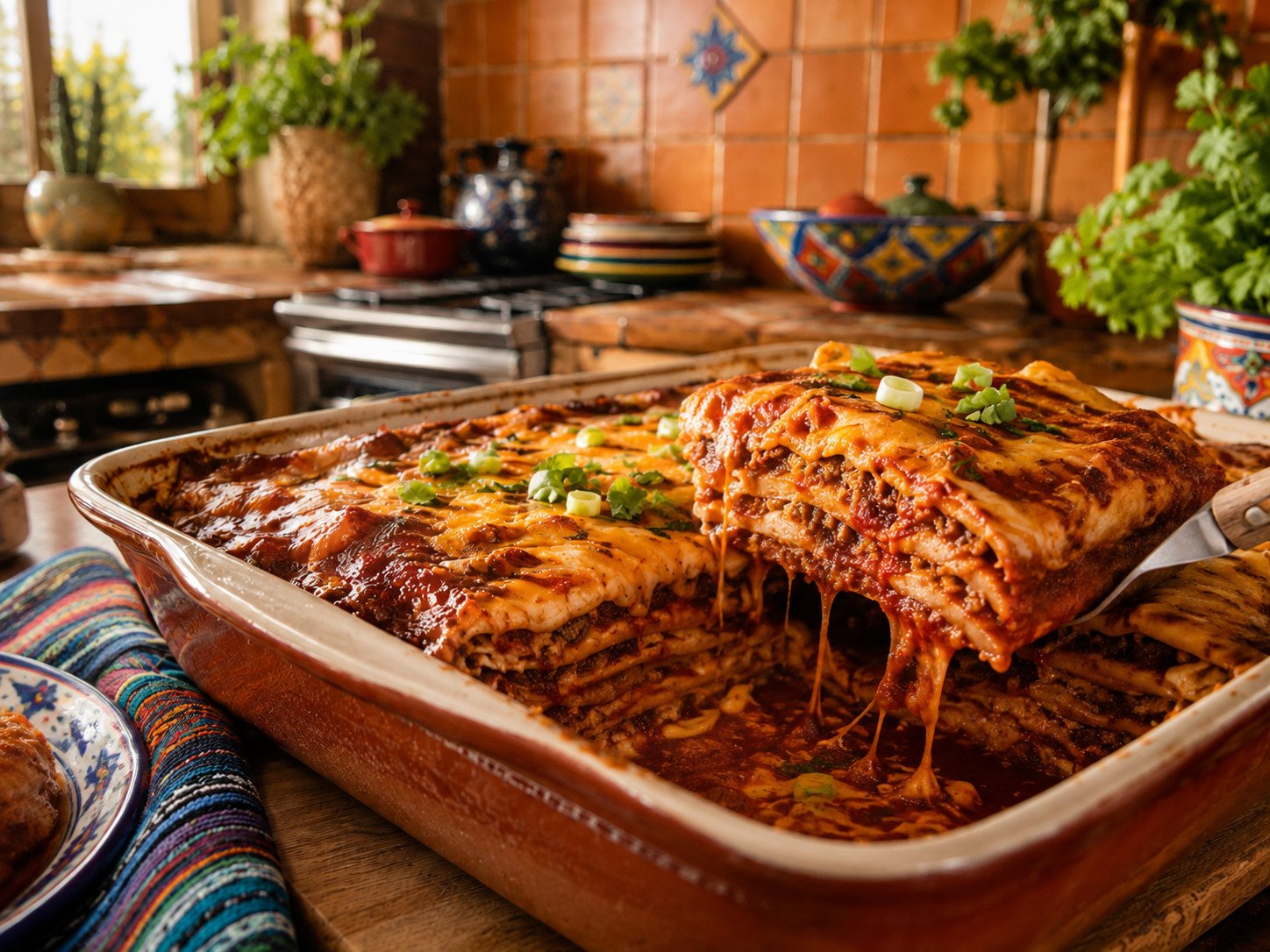 Chicken enchilada casserole recipe Step 6: finished casserole sliced, layers visible