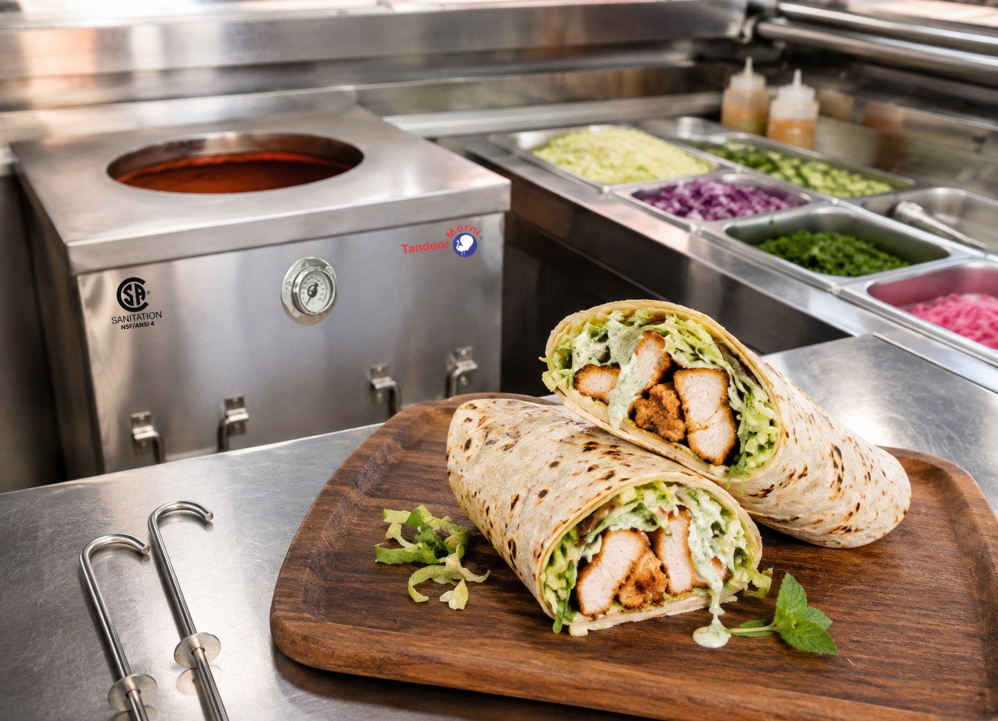Chicken naan wraps recipe filled with charred chicken tikka, salad, and chutney, halved on a board