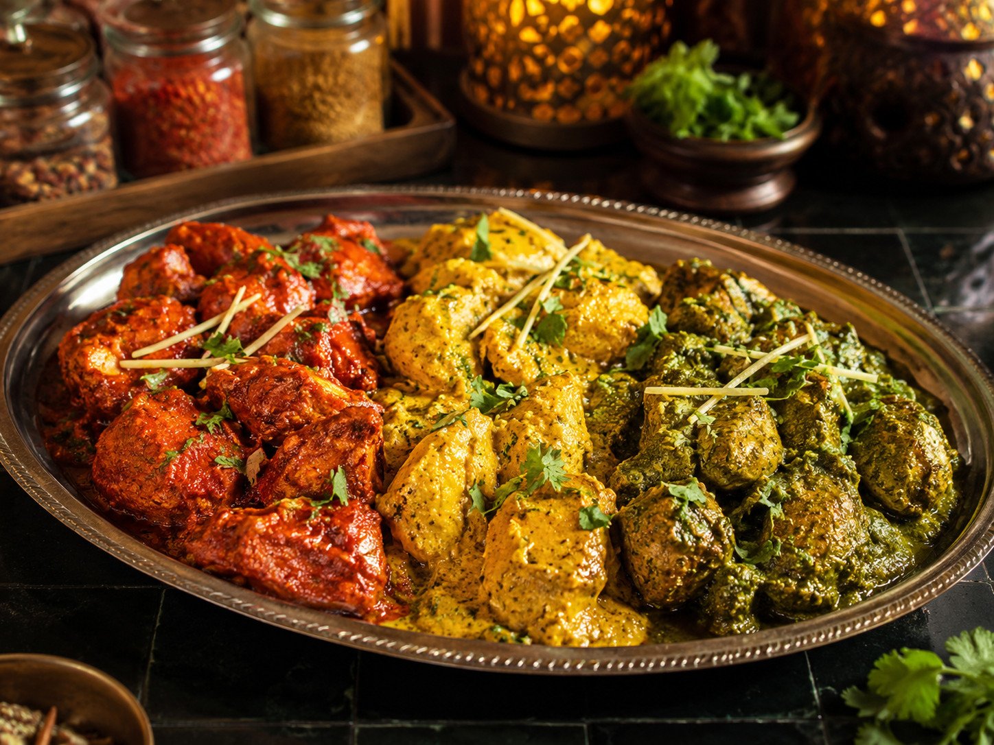 Chicken rangreza recipe with distinct red, yellow, and green sections in one dish