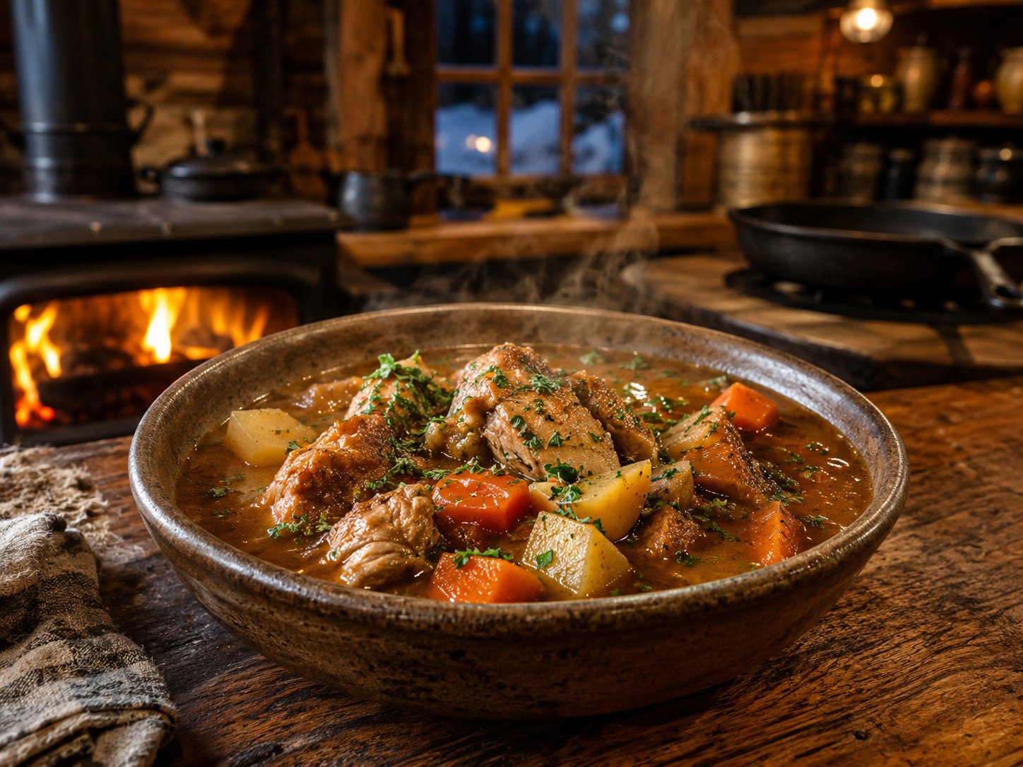 Chicken stew recipe with tender chicken, carrots, and potatoes in a thick brown gravy